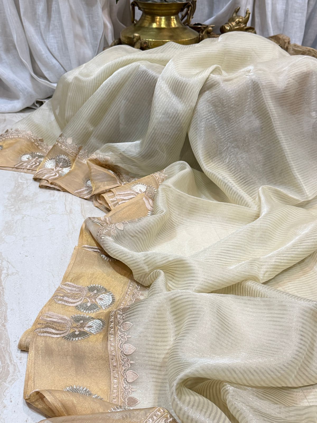 Banarasi Soft Tissue Silk Saree With Embroidery Border & Cross Stitch Blouse Piece