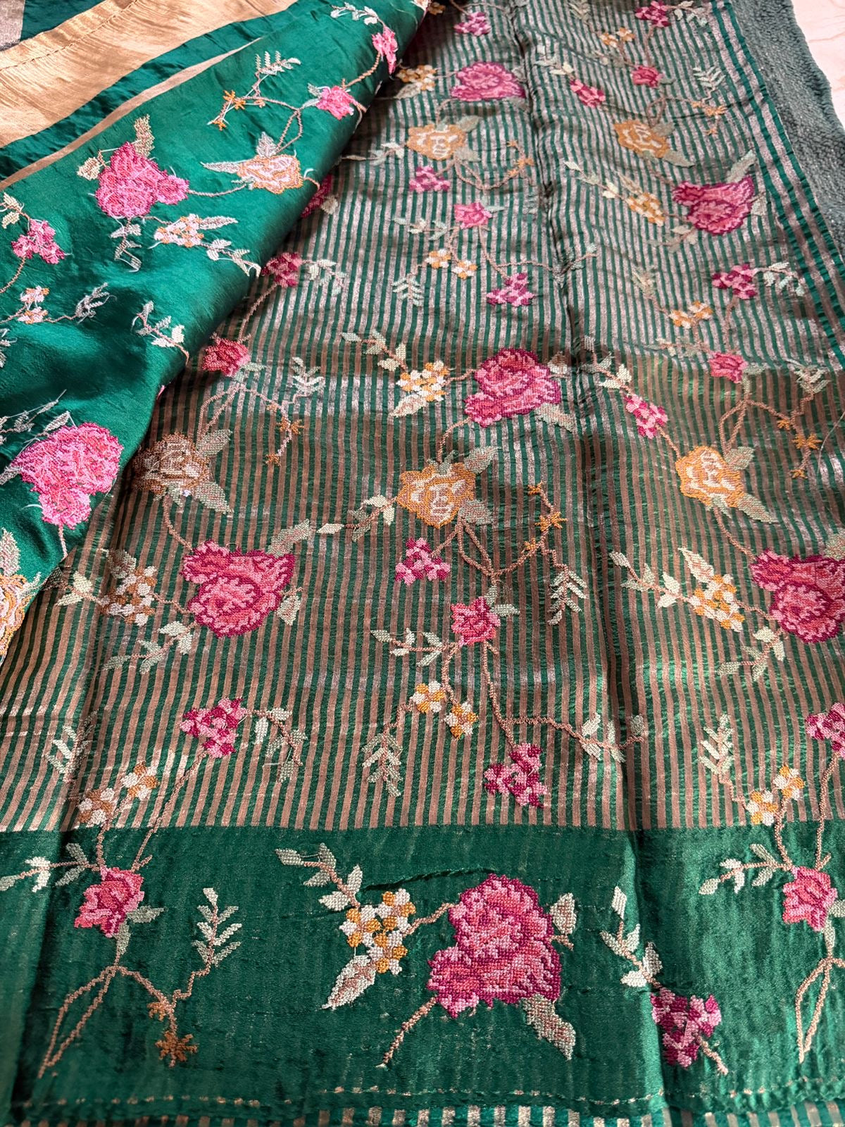 Pure Banarasi Soft Zari Stripes Saree with Cross Stitch Embroidery