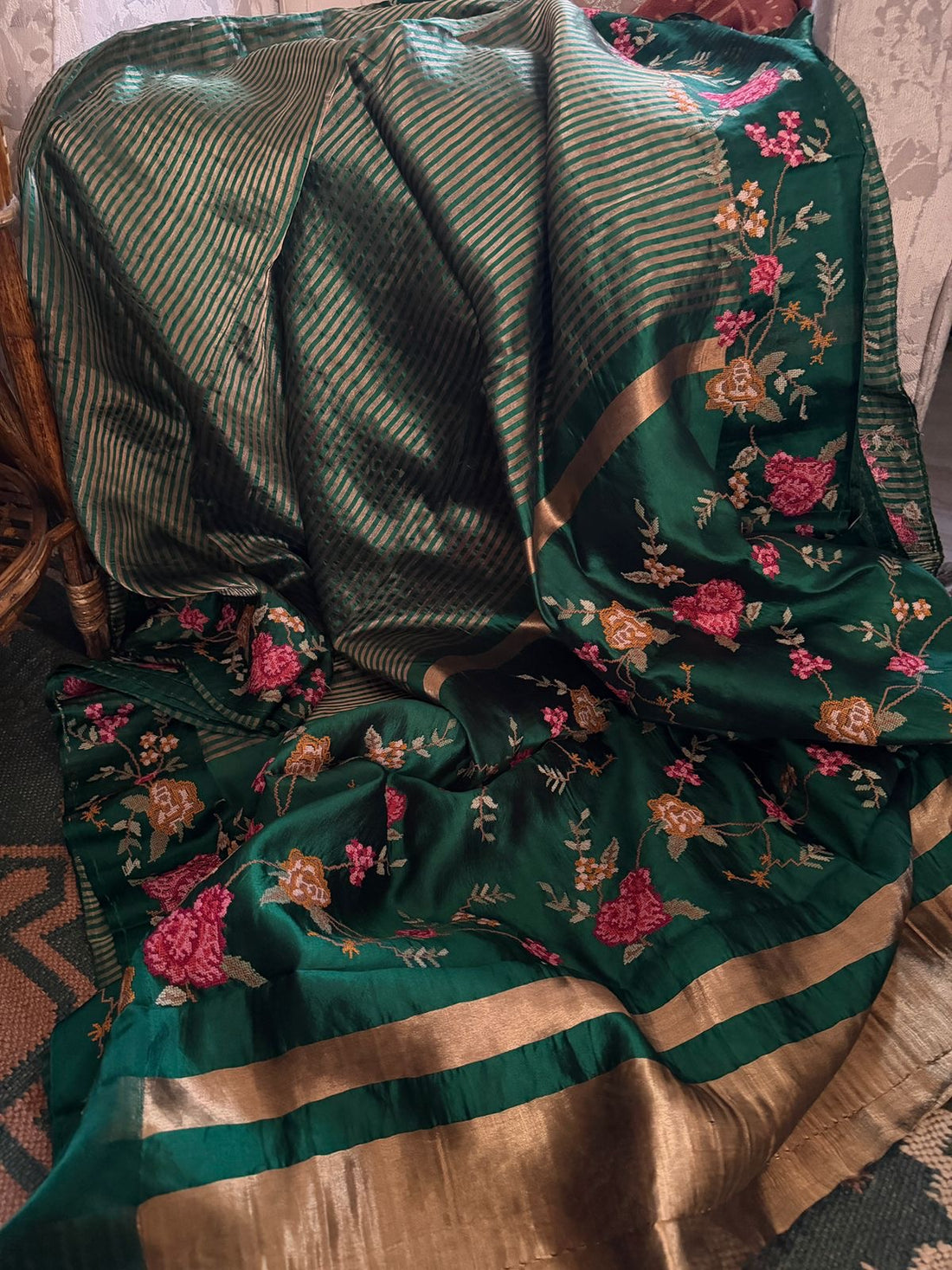 Pure Banarasi Soft Zari Stripes Saree with Cross Stitch Embroidery