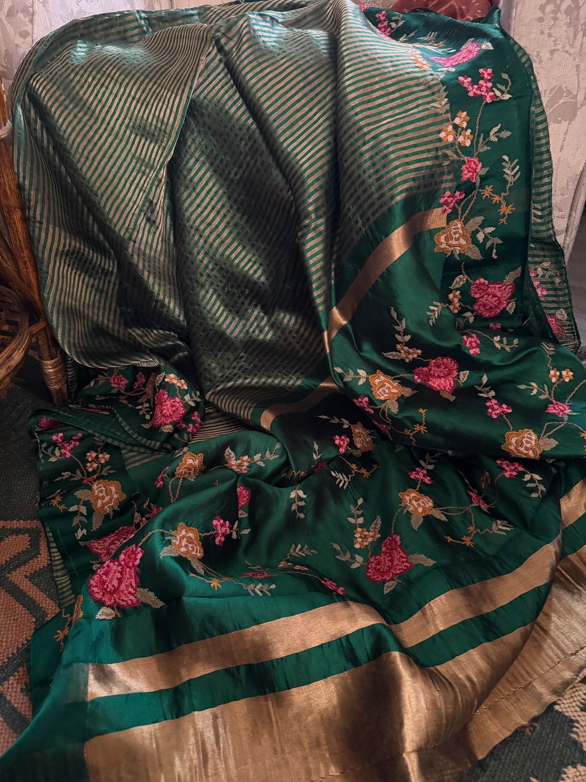 Pure Banarasi Soft Zari Stripes Saree with Cross Stitch Embroidery