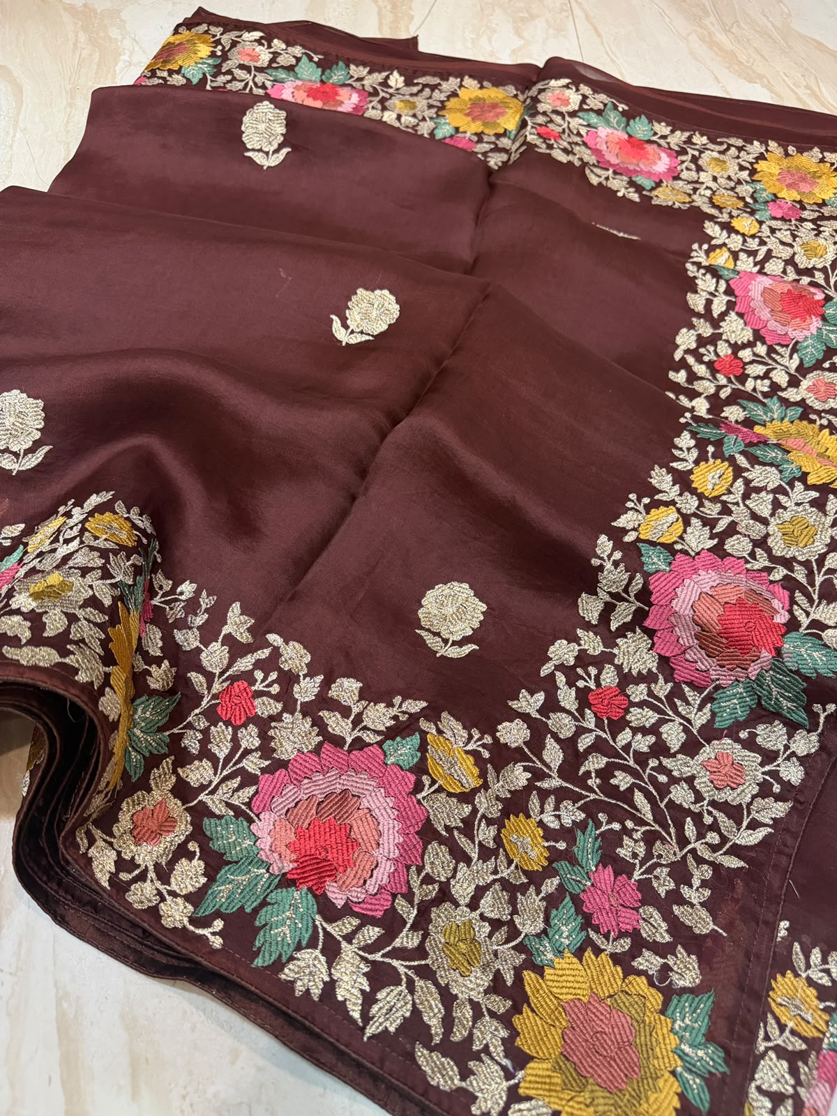 Pure Organza Silk Saree With Machine Embroidery