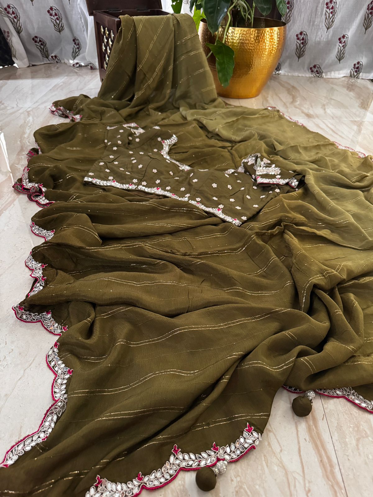 Designer Chinon Satin Crepe Saree with Zardozi Work