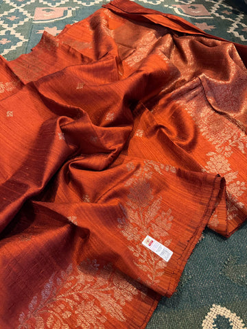 Pure Handloom Border Less Tussar Raw Silk Banarasi Saree