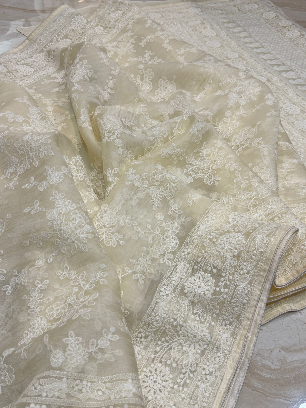 Pure Organza Sik Saree With Machine Embroidery Chikankari Work All Over