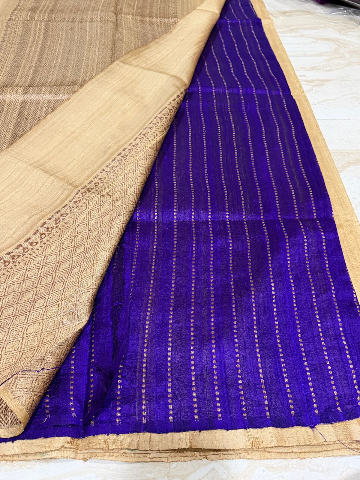Pure Handloom Tussar Raw Silk Banarasi Saree With Meenakari