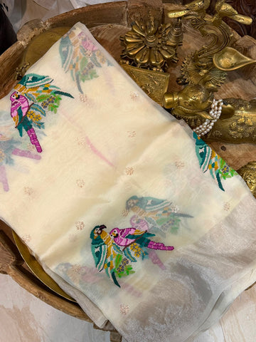 Organza Silk Saree With Pettit Point Embroidery