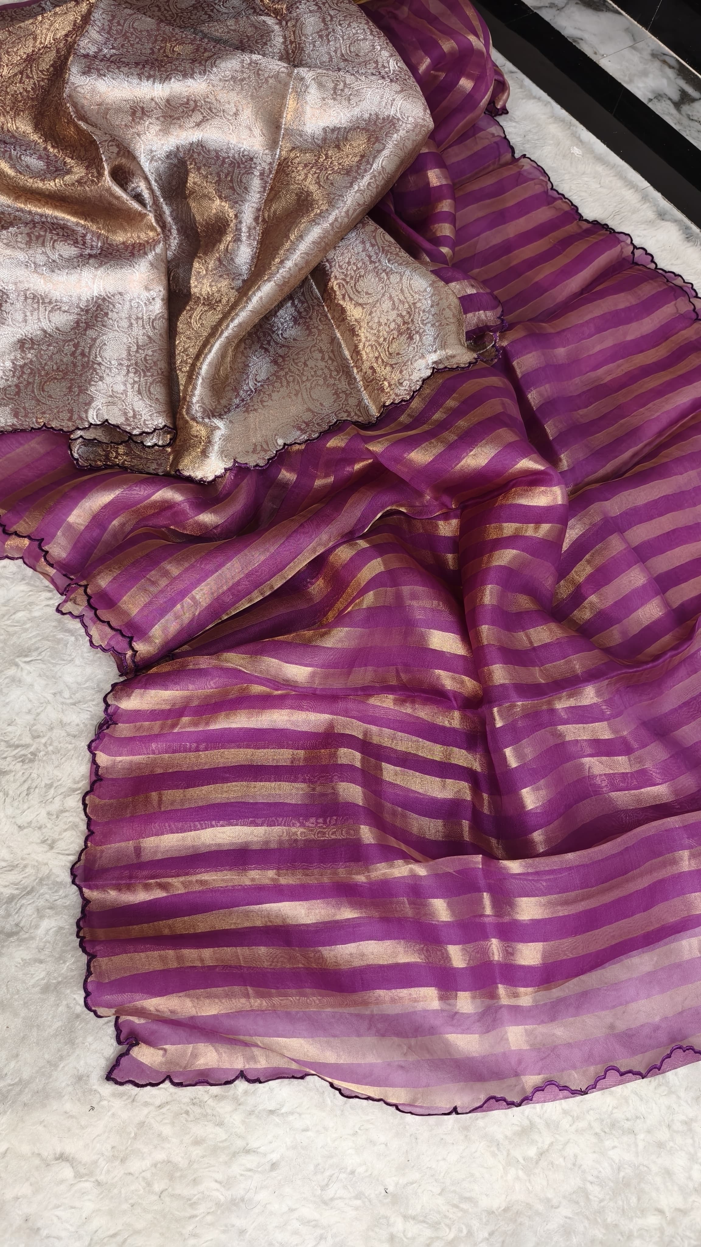 Banarasi Soft Glass Tissue Stripes Silk Saree with Tissue Brocade Blouse