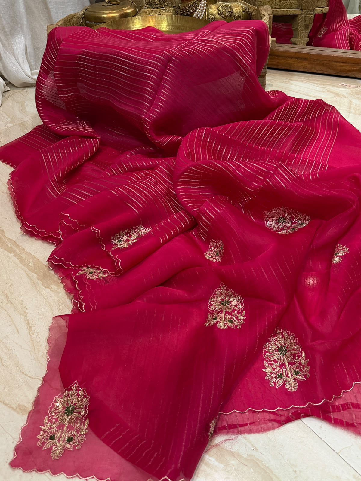 Vibrant Pink Organza Silk Saree with Exquisite Zardozi Butta Work