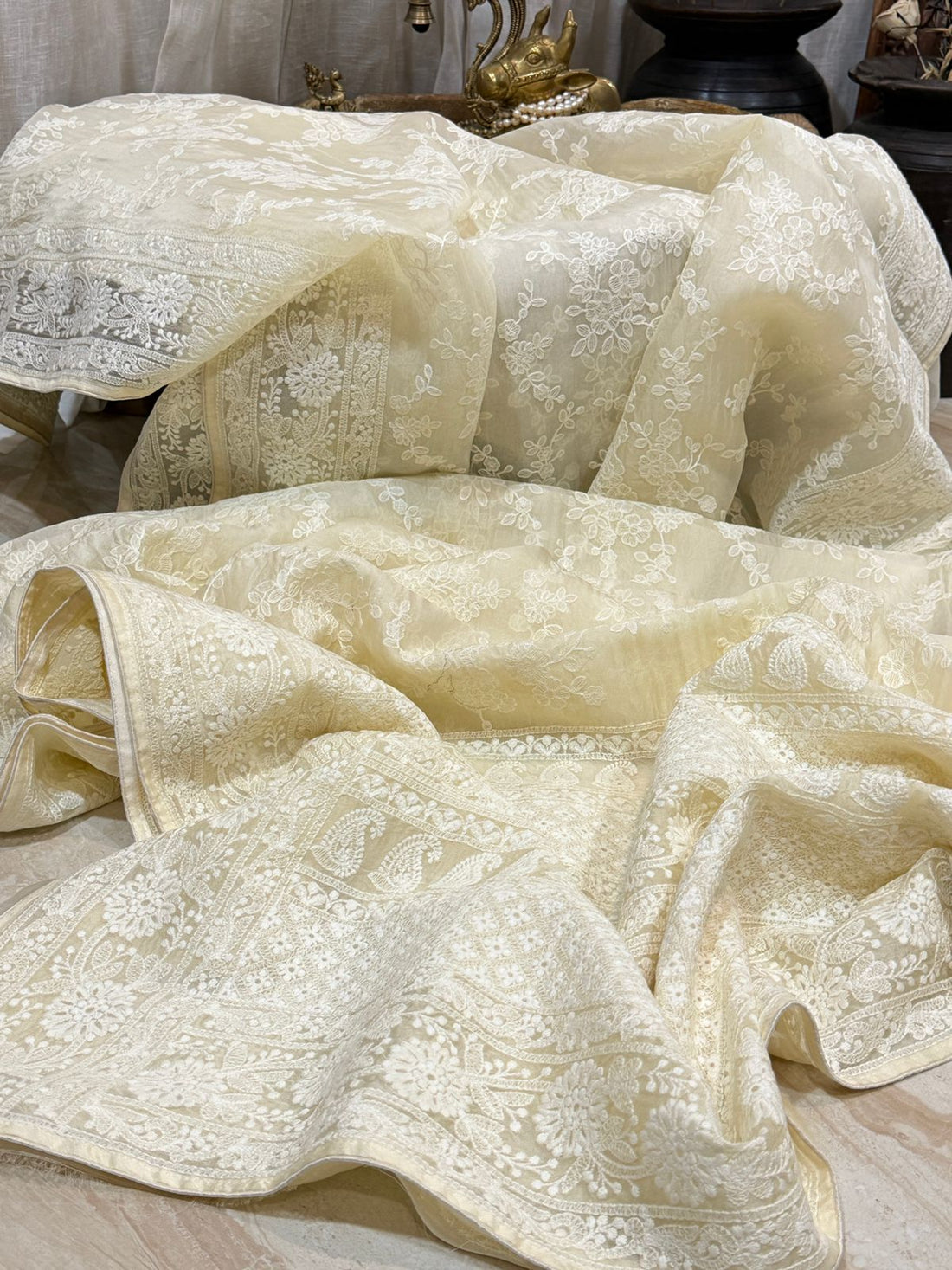 Pure Organza Sik Saree With Machine Embroidery Chikankari Work All Over