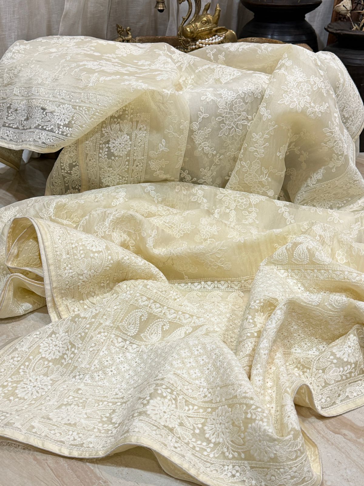 Pure Organza Sik Saree With Machine Embroidery Chikankari Work All Over