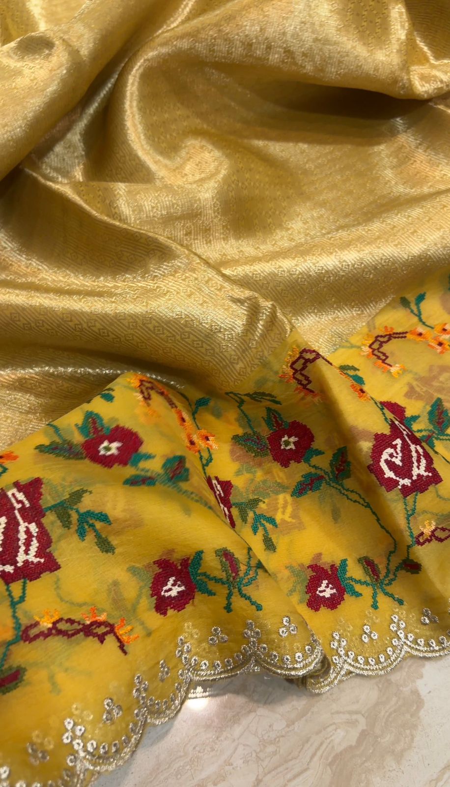 Banarasi Tissue Brocade Saree With Organza Cross Stitch Embroidery Border