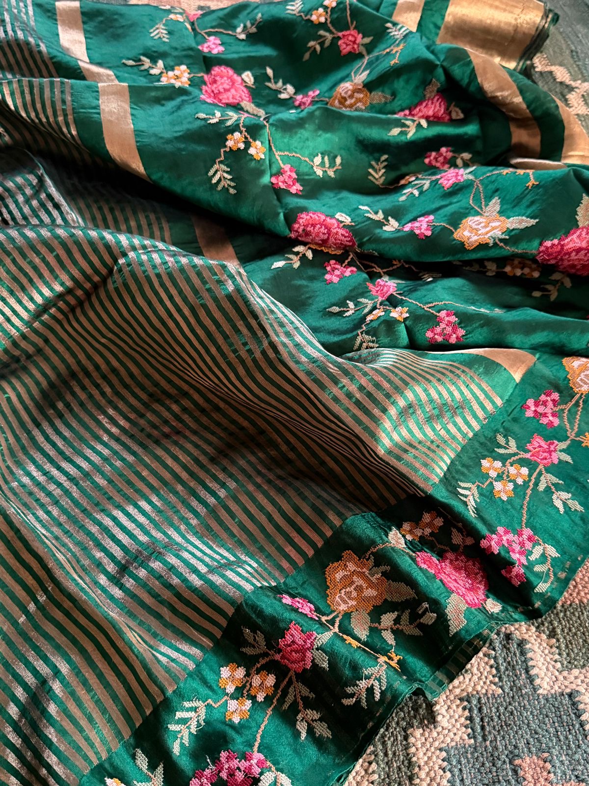 Pure Banarasi Soft Zari Stripes Saree with Cross Stitch Embroidery