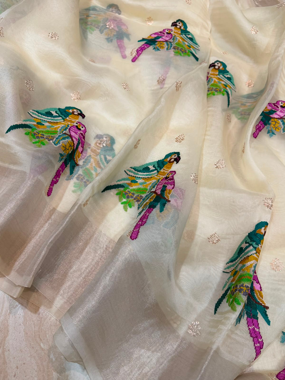 Organza Silk Saree With Pettit Point Embroidery