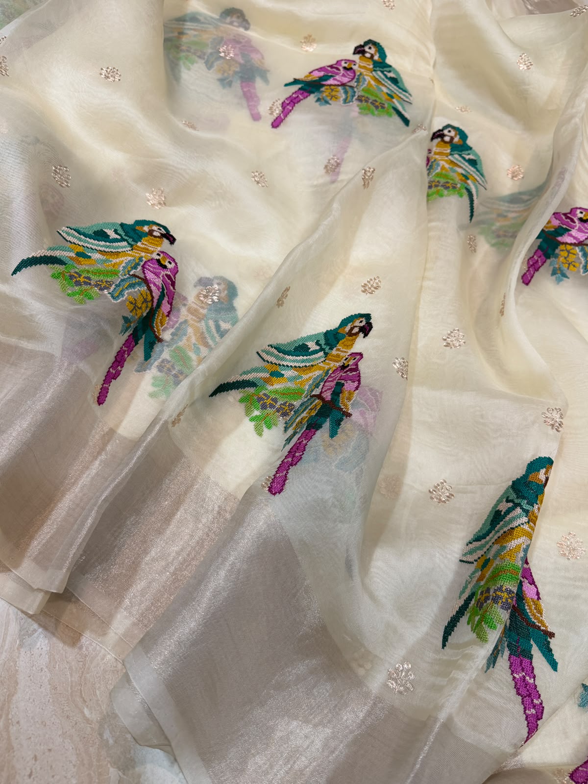 Organza Silk Saree With Pettit Point Embroidery