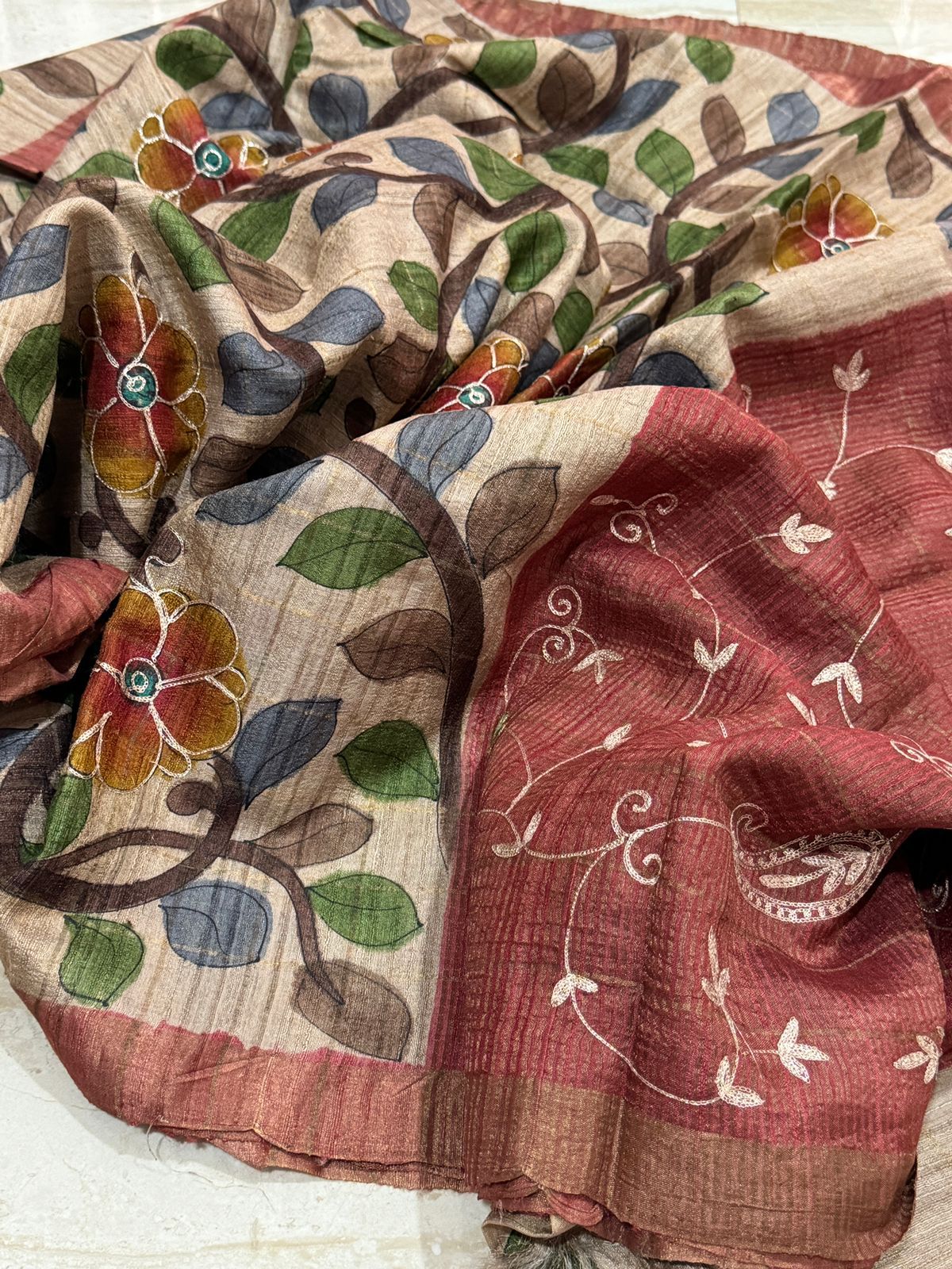 Pure Ghachi Tussar Silk Saree with Handbrush Kalamkari & Aari Work