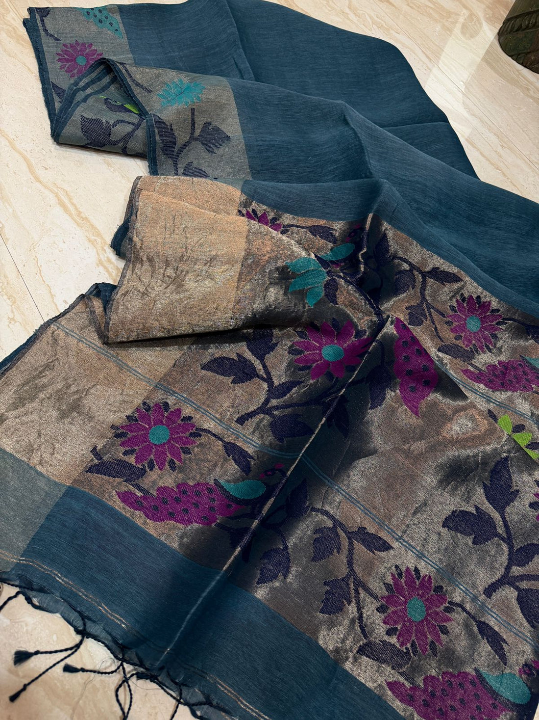 Pure Linen Silk Tissue Border and Pallu Saree With Jamdani Paithani Weave