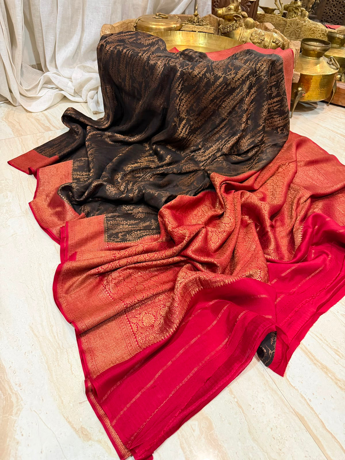 Mysore Brocade Crepe Silk Saree with Antique Zari Weave – Chap Dye