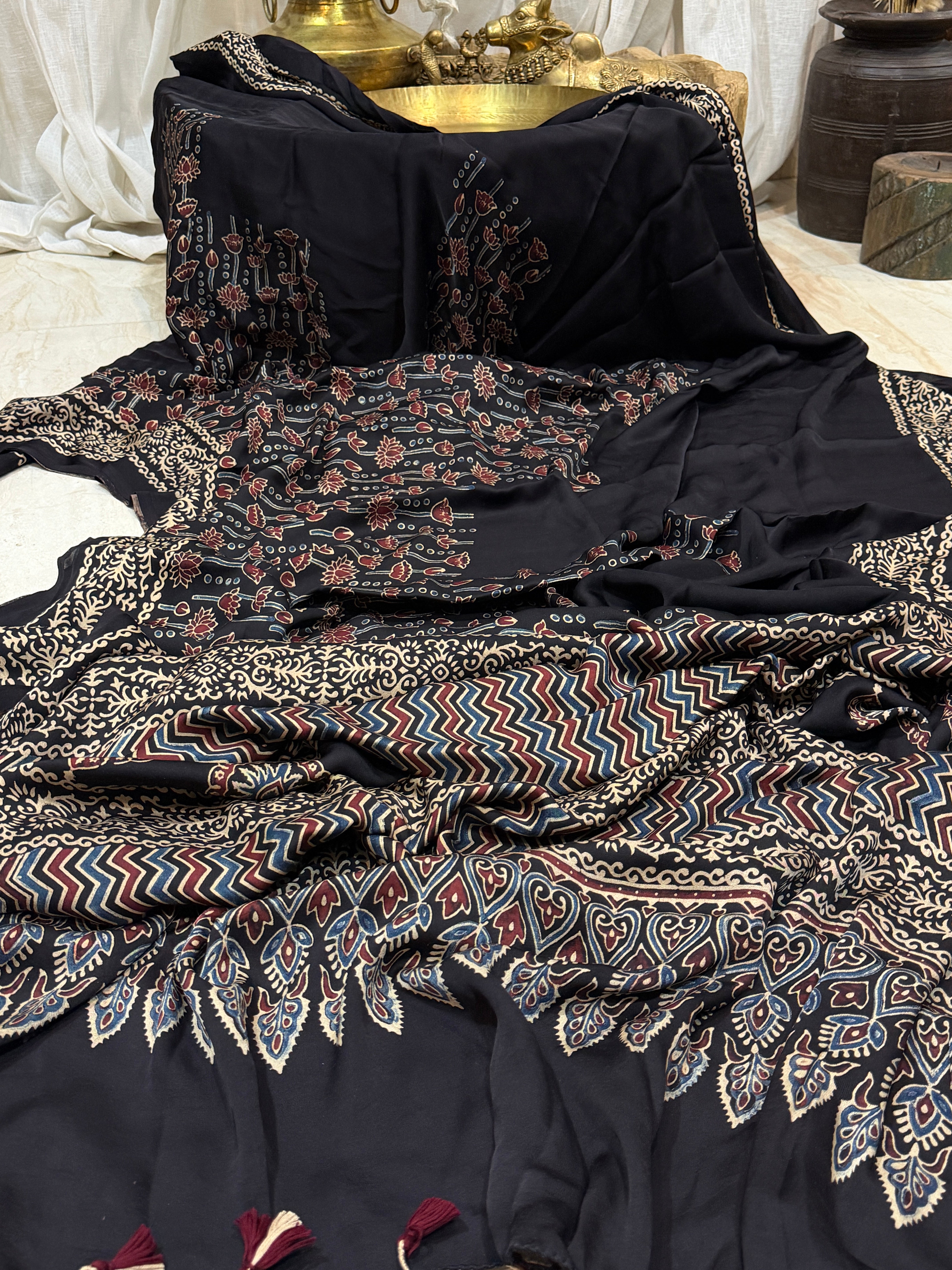 Pure Modal Silk Saree Hand Block Ajrakh Print