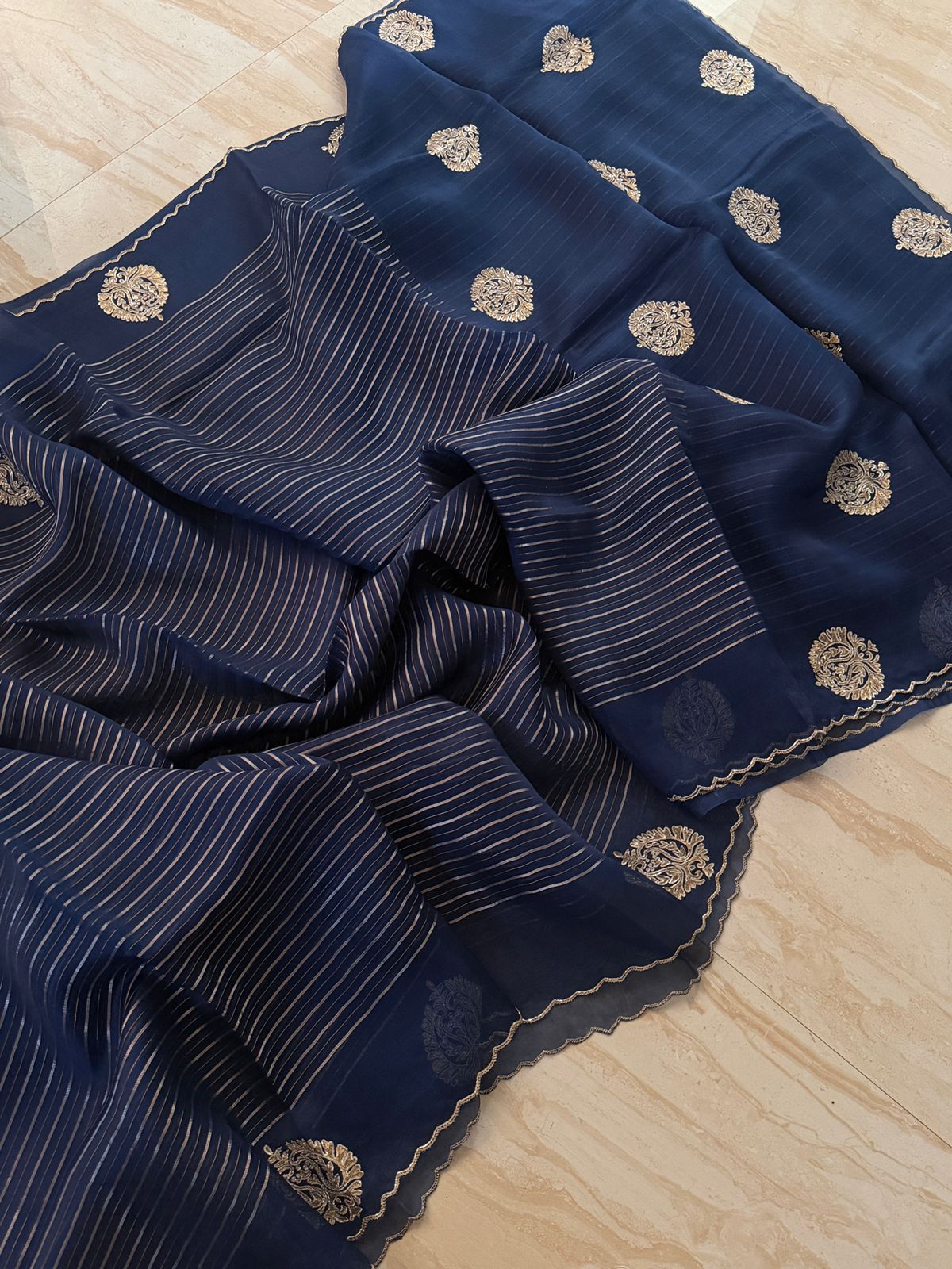 Pure Organza Saree Zari Stripes Saree With Hand Zardozi Dabka Work Butta
