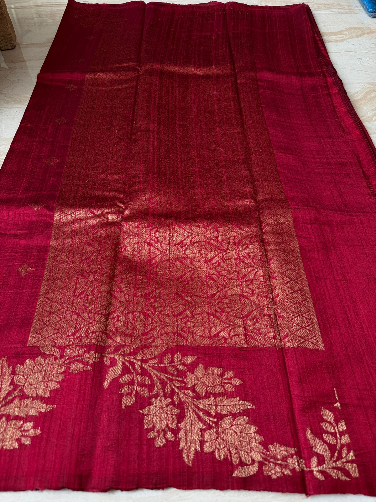 Pure Handloom Border Less Tussar Raw Silk Banarasi Saree