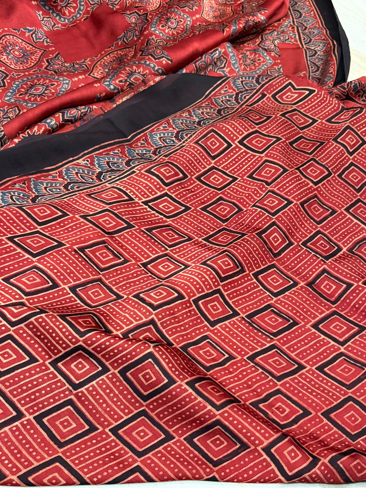 Pure Modal Silk Saree Hand Block Ajrakh Print