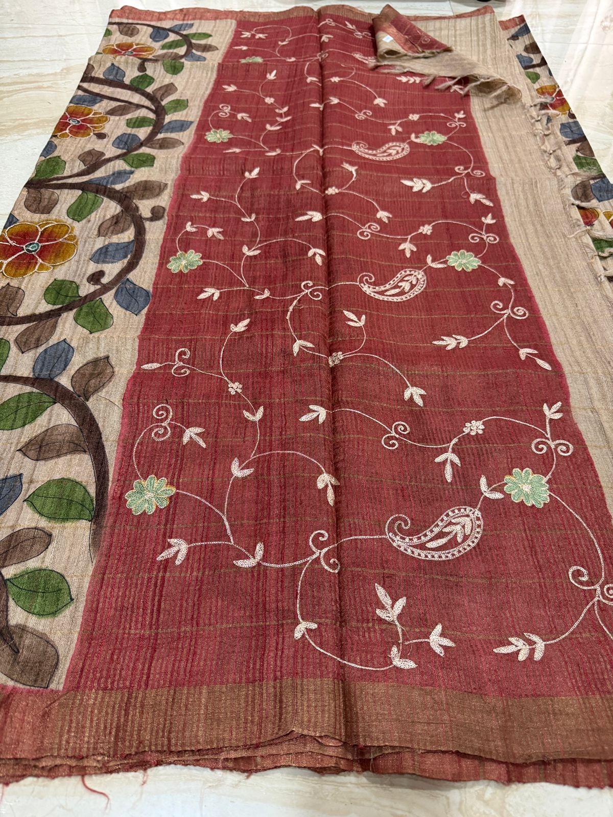Tussar Ghachi Silk Saree with Pen Kalamkari Artistry And Aari Work