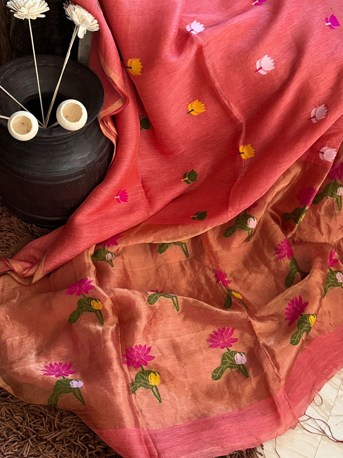 Pure Handloom Linen Tissue Silk Saree With Jamdani Weave