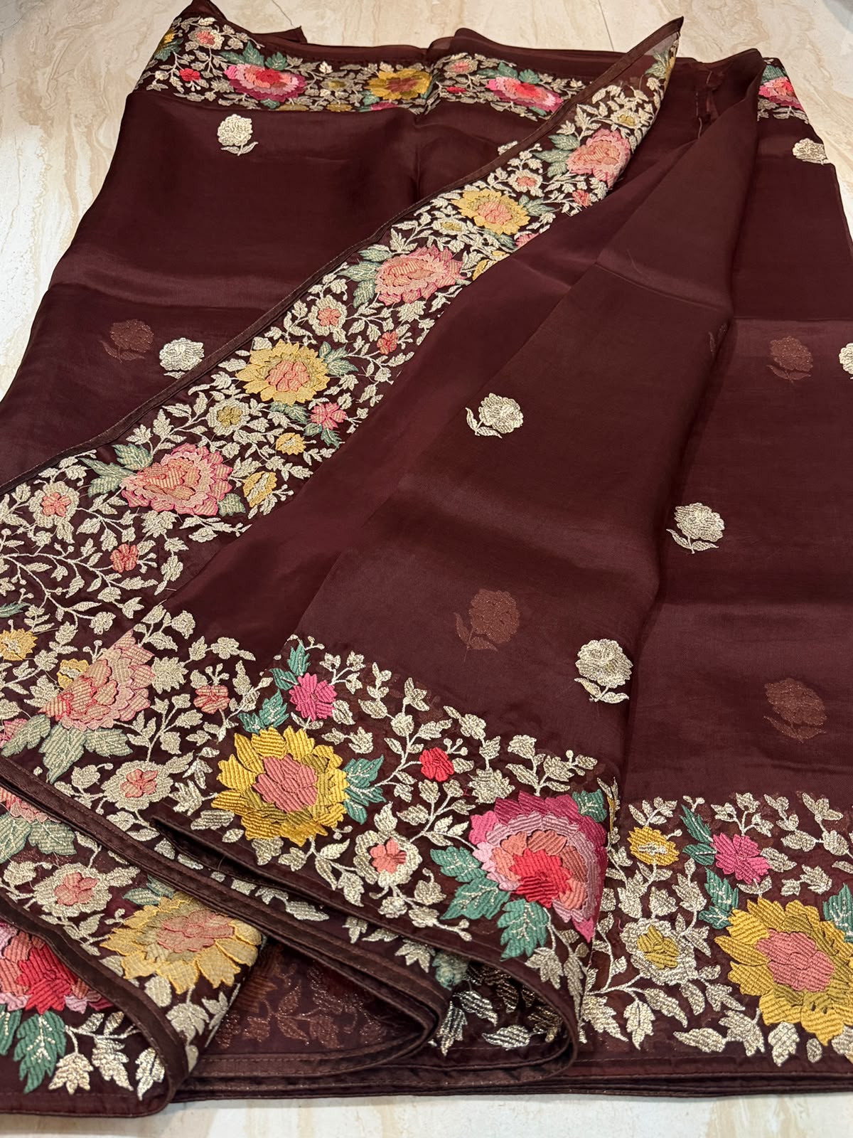 Pure Organza Silk Saree With Machine Embroidery