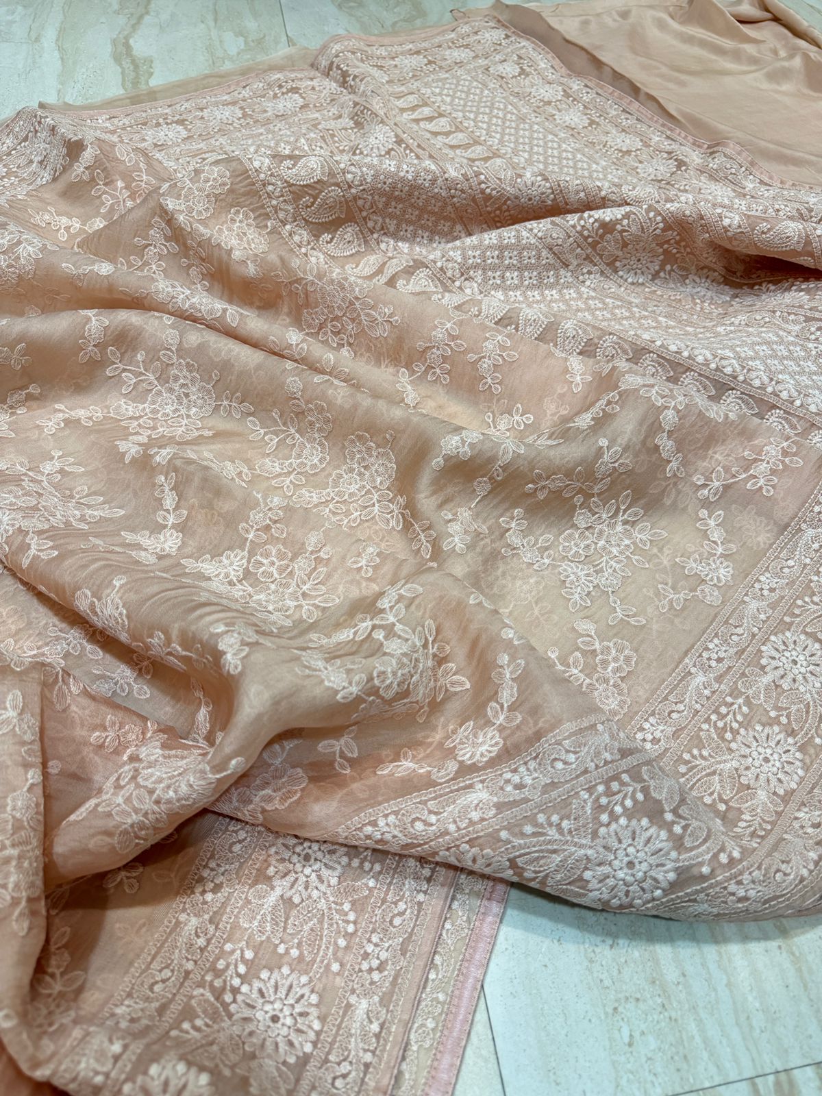 Pure Organza Sik Saree With Machine Embroidery Chikankari Work All Over