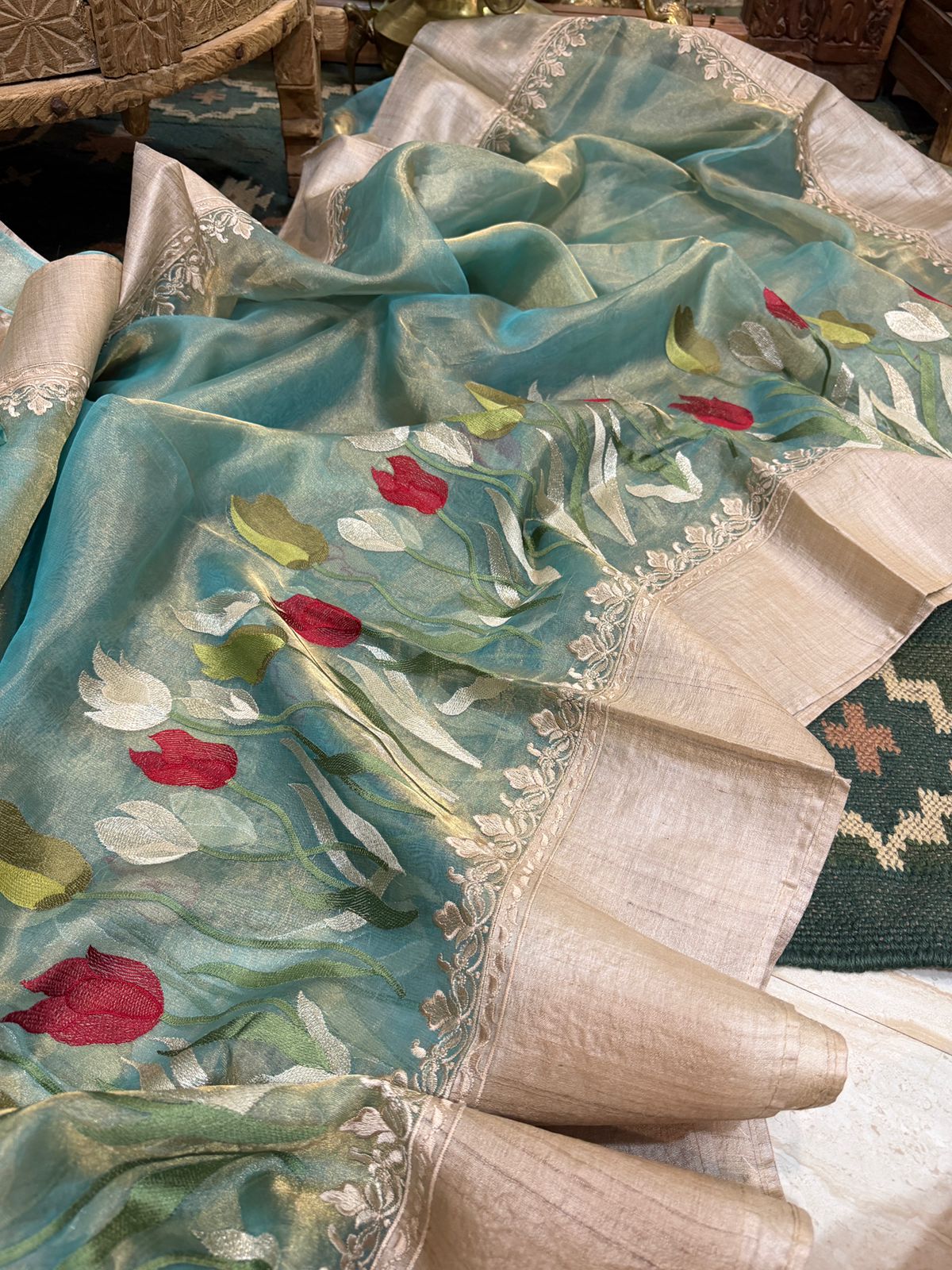 Banarasi Soft Tissue Embroidery Silk Saree With Tussar Border