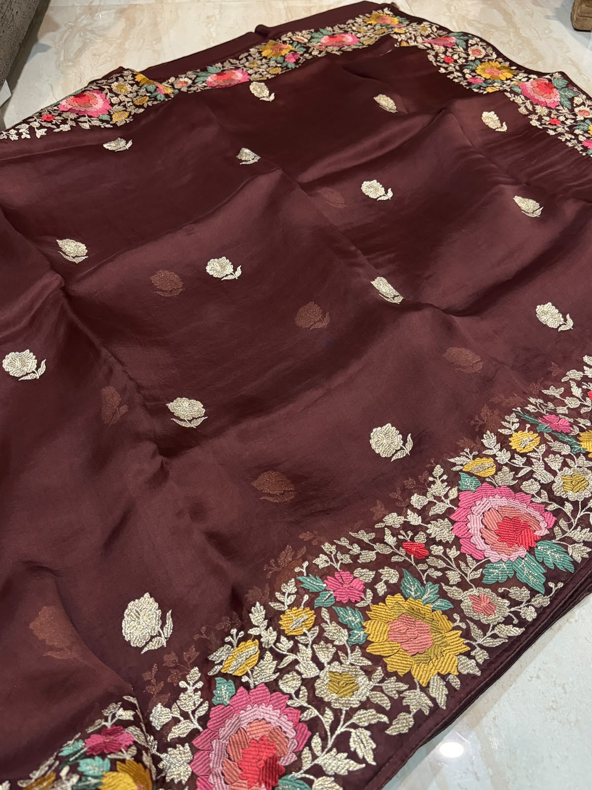 Pure Organza Silk Saree With Machine Embroidery