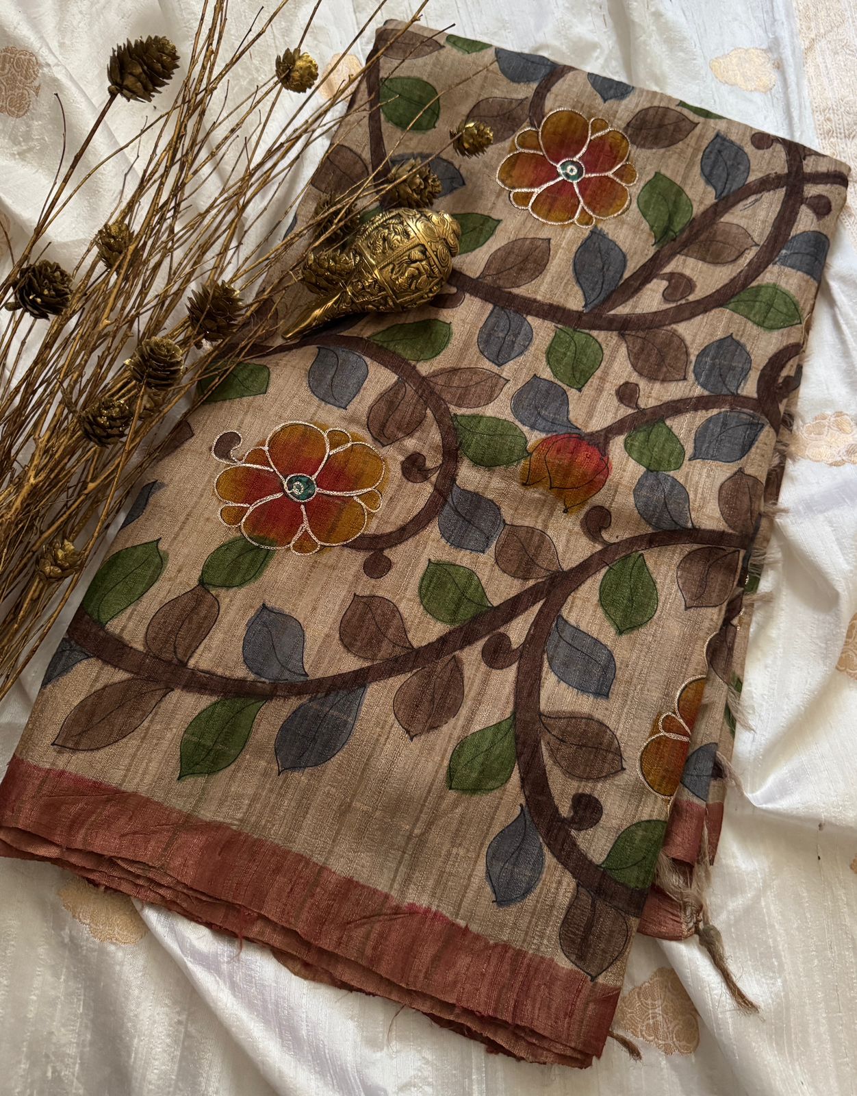 Pure Ghachi Tussar Silk Saree with Handbrush Kalamkari & Aari Work