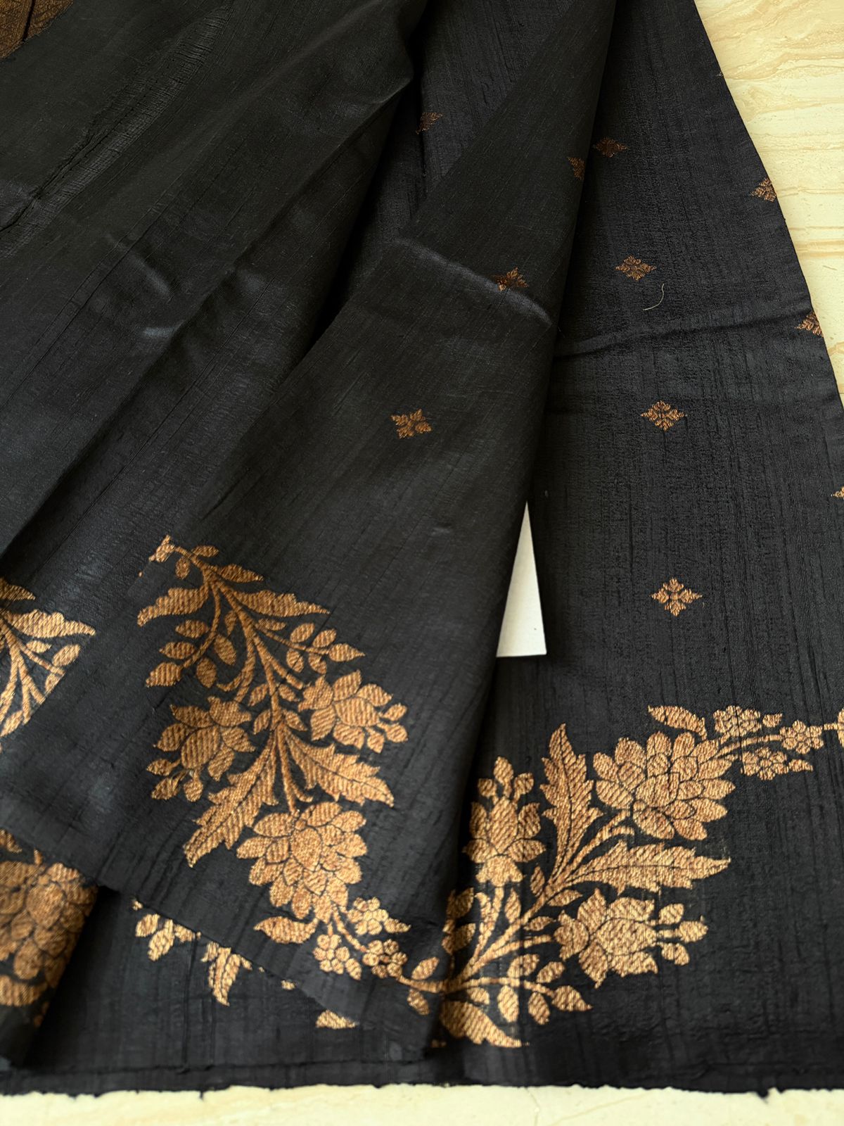 Beautiful Jet Black Dupion Raw Silk Banarasi Saree with Zari Weave All Over
