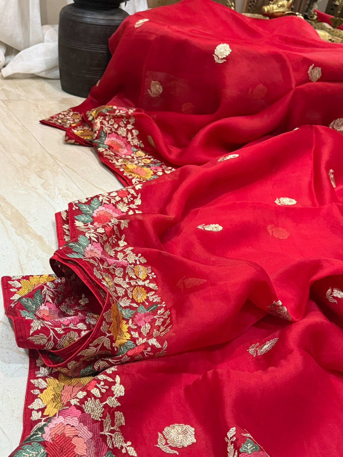 Pure Organza Silk Saree With Machine Embroidery