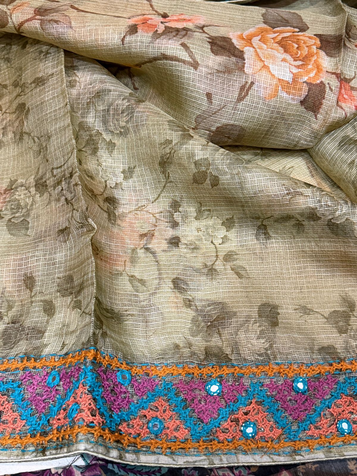 Pure Tussar Kota Digital Print Saree With Kutch Hand Embroidery Work