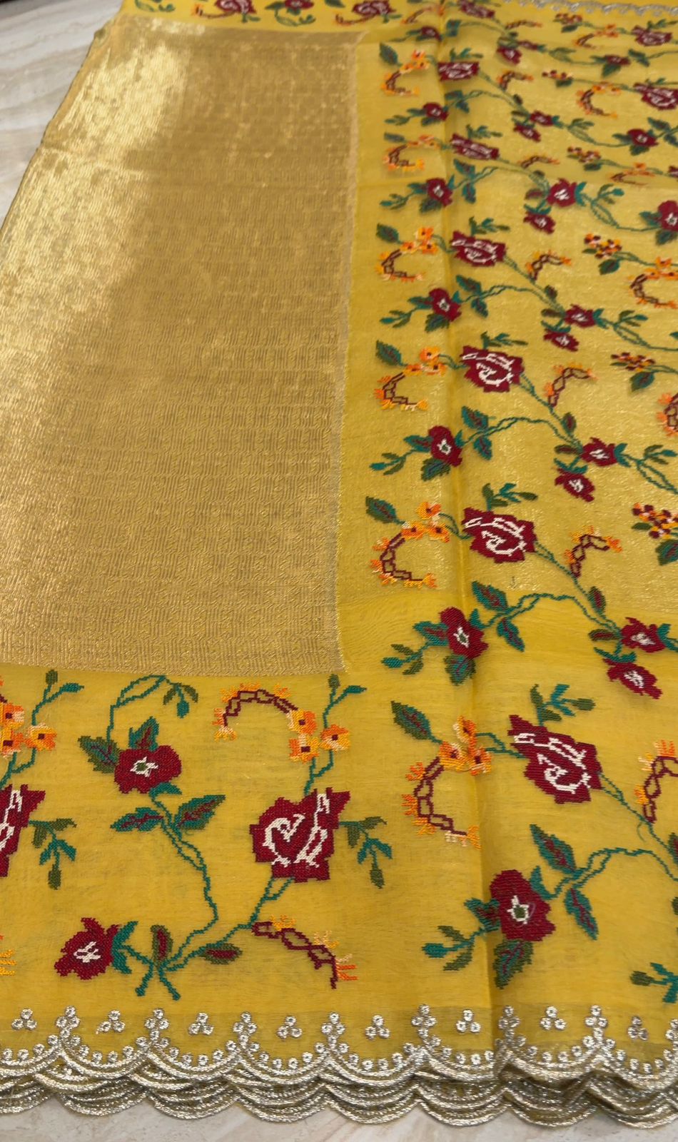 Banarasi Tissue Brocade Saree With Organza Cross Stitch Embroidery Border