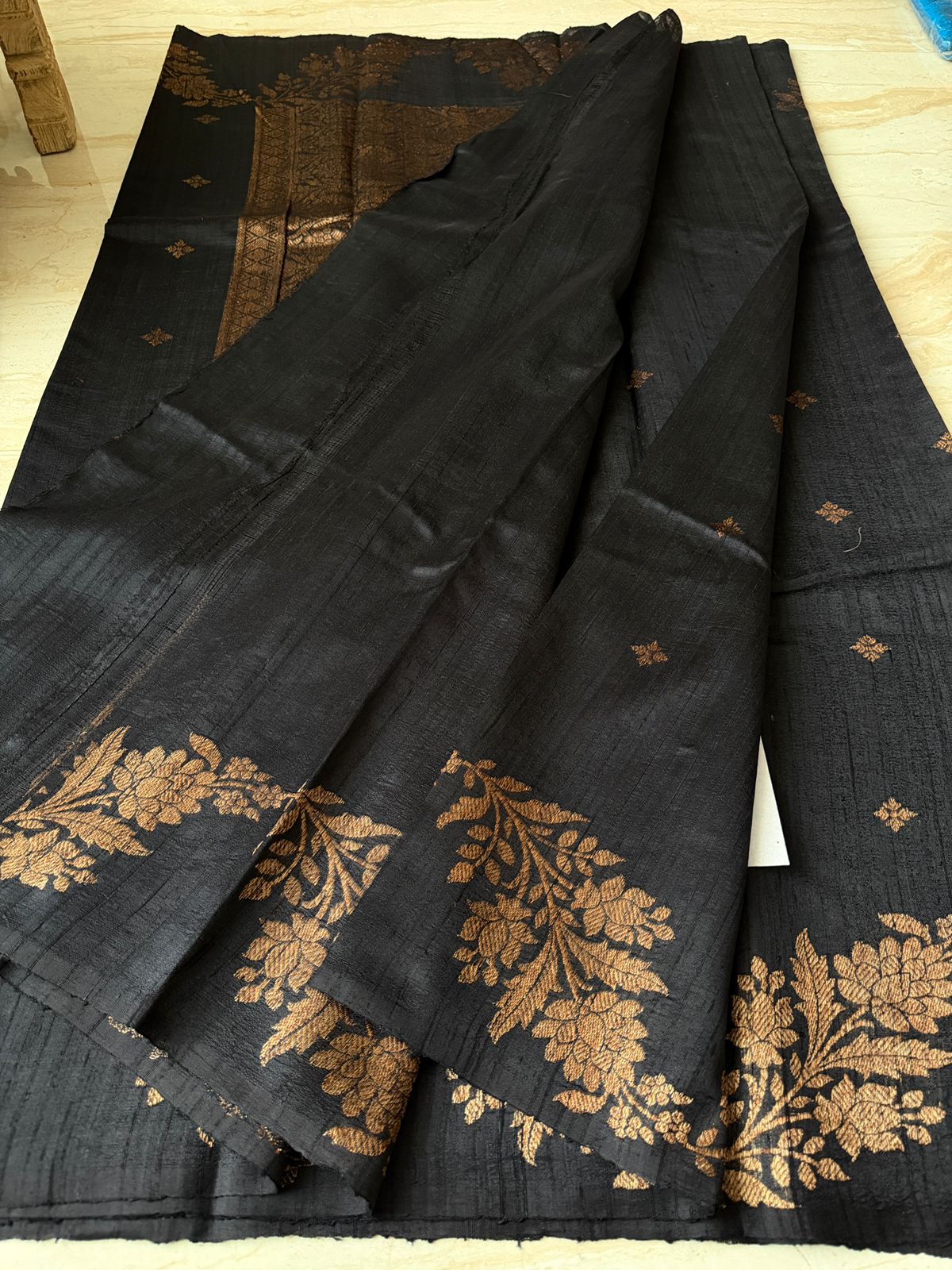 Beautiful Jet Black Dupion Raw Silk Banarasi Saree with Zari Weave All Over