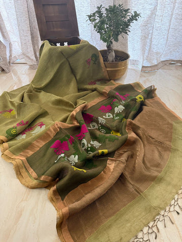 Pure Hamdloom Linen Tissue Silk Saree With Jamdani Weave