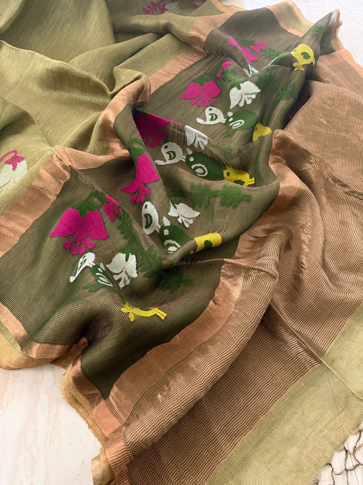 Pure Hamdloom Linen Tissue Silk Saree With Jamdani Weave