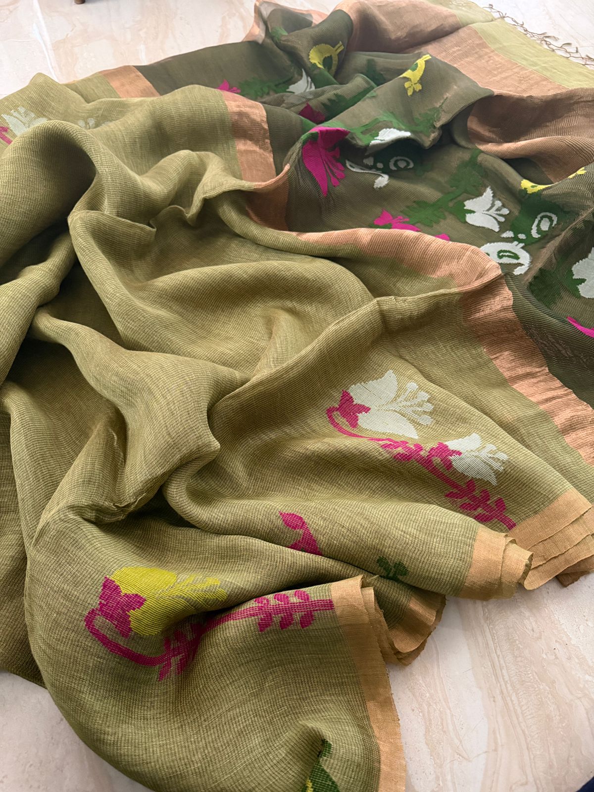 Pure Hamdloom Linen Tissue Silk Saree With Jamdani Weave