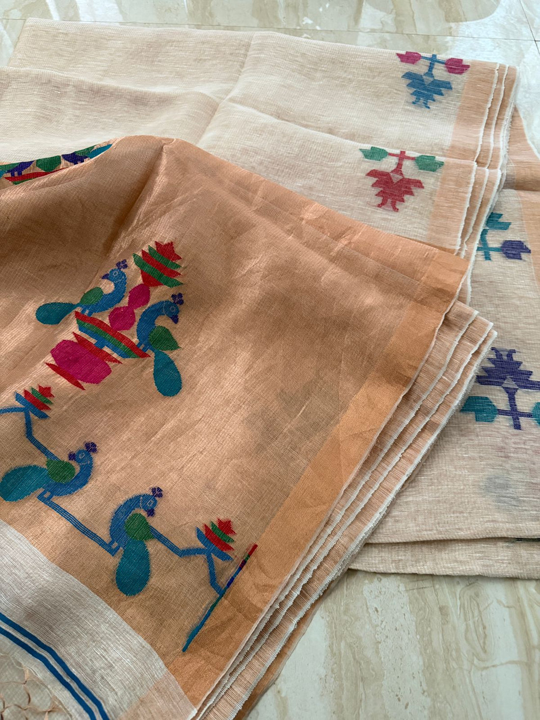Pure Handloom Linen Tissue Silk Jamdani Weave Saree With Paithni Pallu