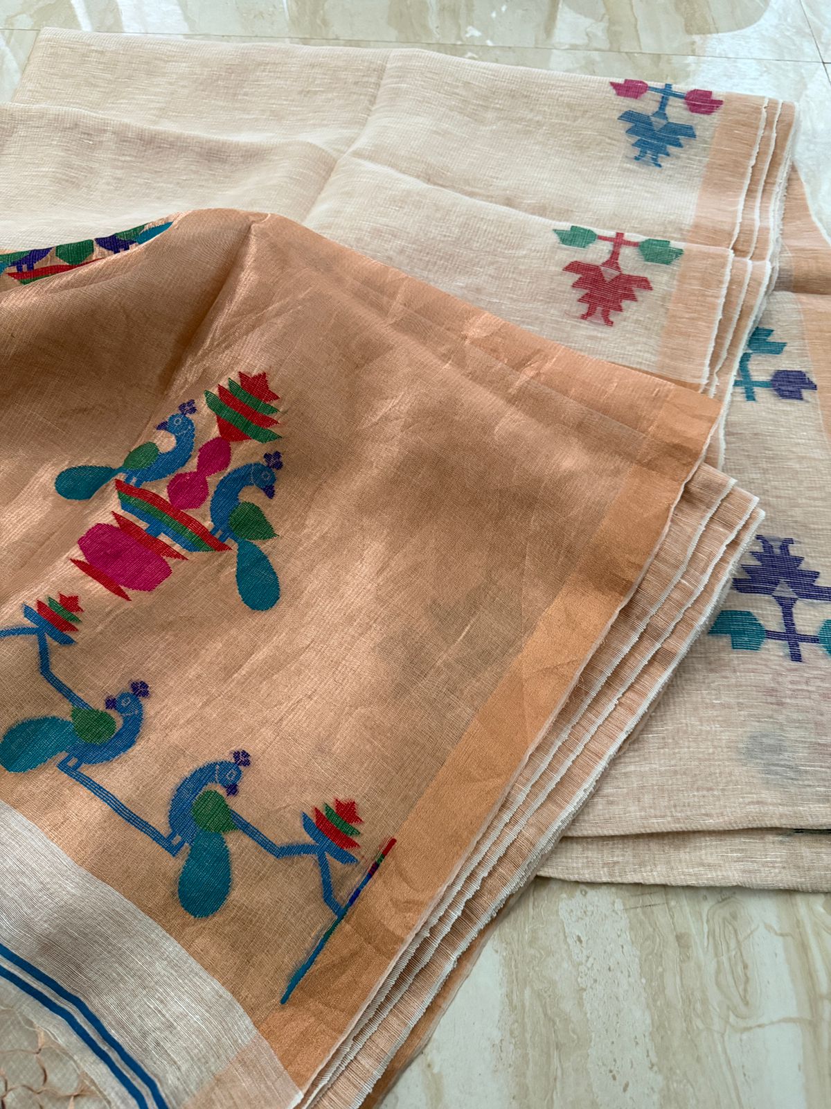 Pure Handloom Linen Tissue Silk Jamdani Weave Saree With Paithni Pallu