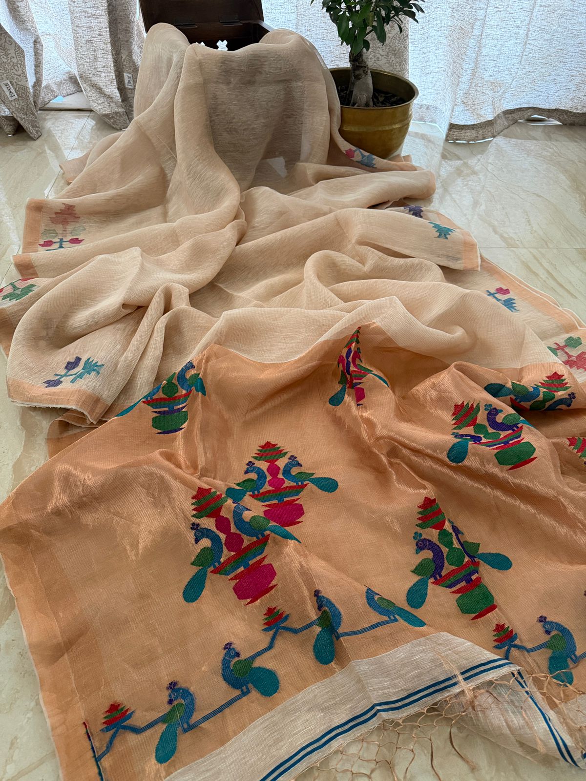 Pure Handloom Linen Tissue Silk Jamdani Weave Saree With Paithni Pallu