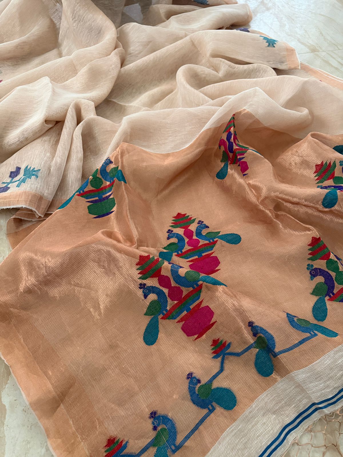 Pure Handloom Linen Tissue Silk Jamdani Weave Saree With Paithni Pallu