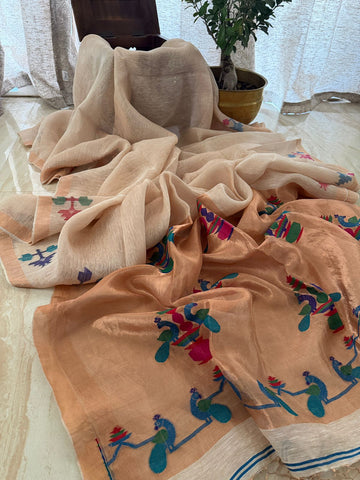 Pure Handloom Linen Tissue Silk Jamdani Weave Saree With Paithni Pallu