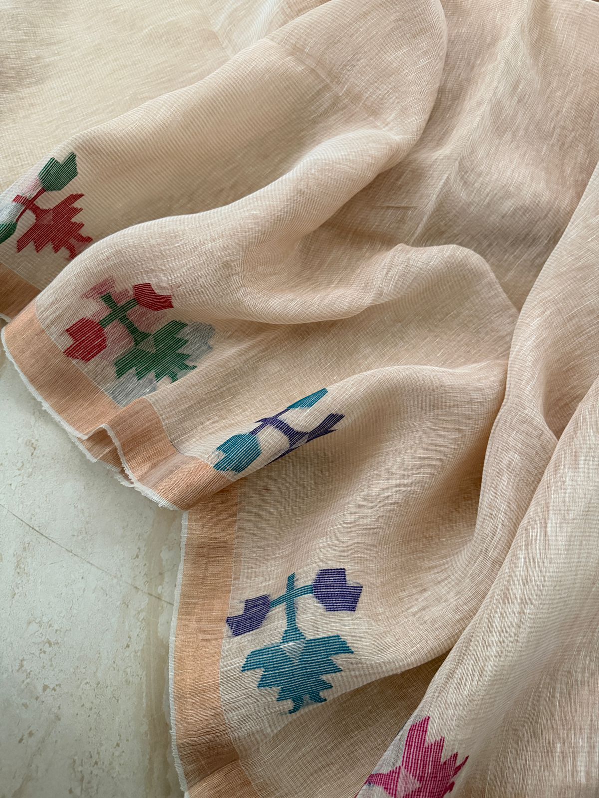 Pure Handloom Linen Tissue Silk Jamdani Weave Saree With Paithni Pallu