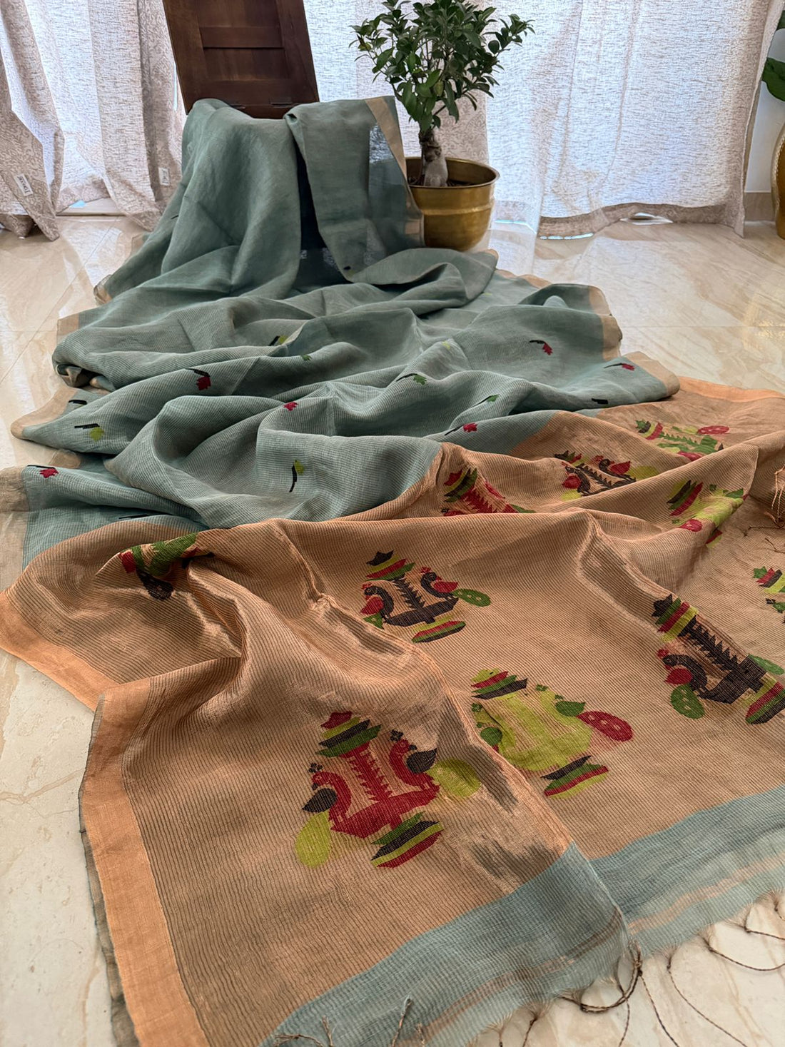 Pure Handloom Linen Tissue Silk Saree With Jamdani Weave