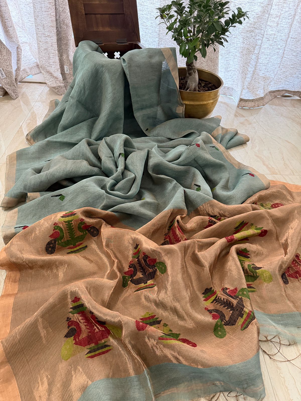 Pure Handloom Linen Tissue Silk Saree With Jamdani Weave