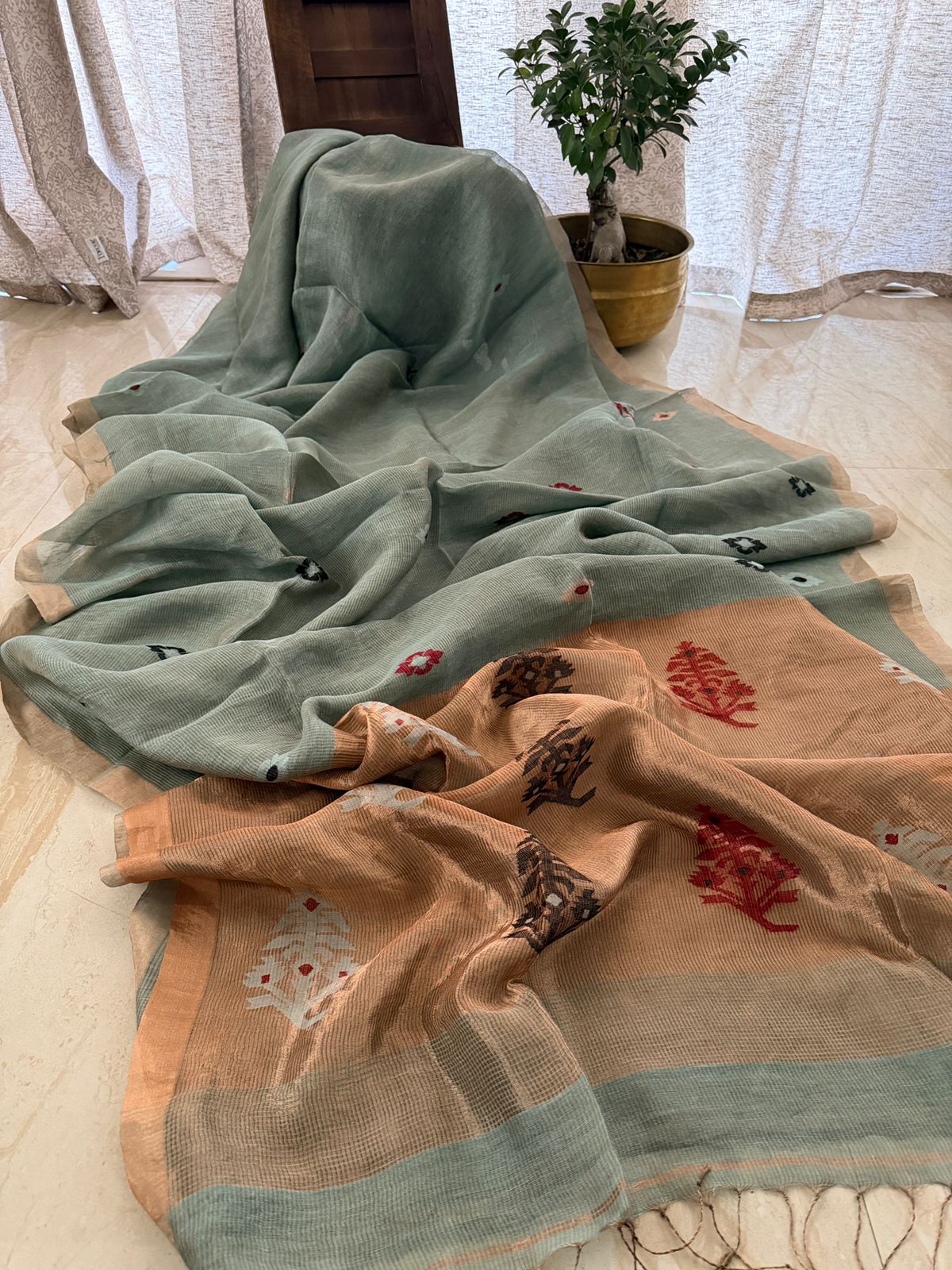 Pure Handloom Linen Tissue Silk Saree With Jamdani Weave