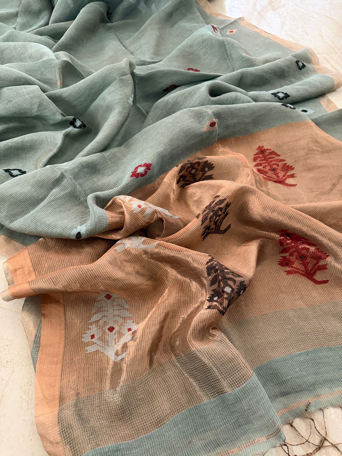 Pure Handloom Linen Tissue Silk Saree With Jamdani Weave